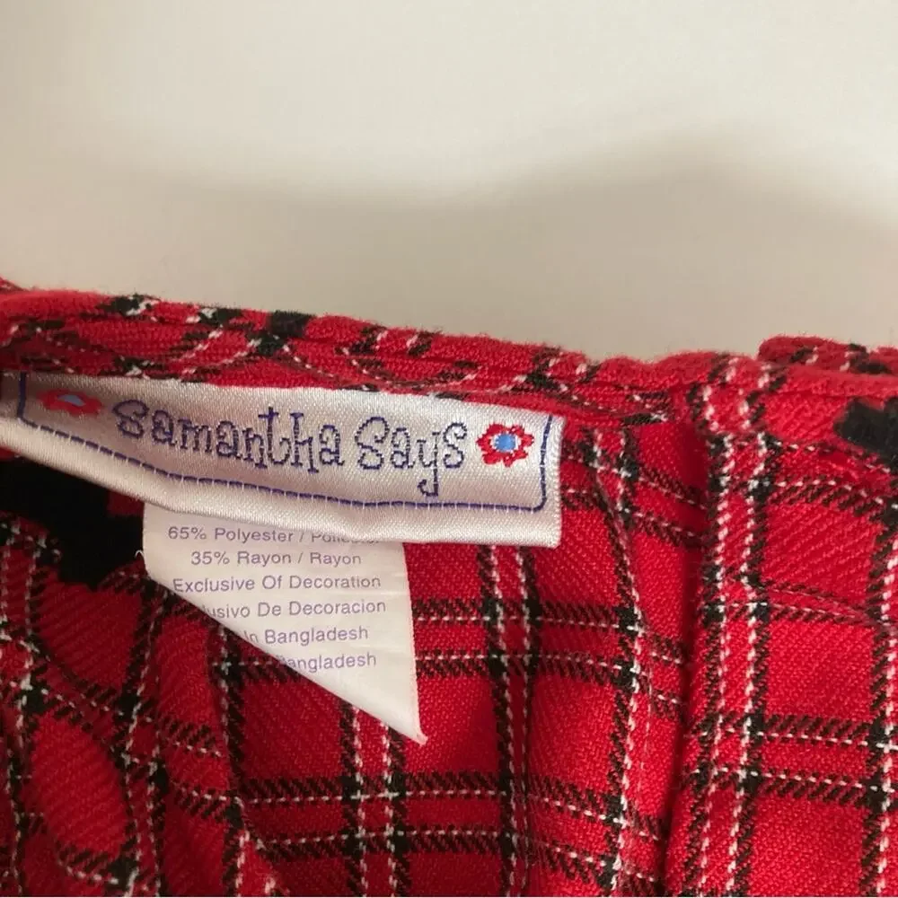 Samantha Says Red Tartan Plaid Velvet Scottie Dogs Button Back Tie Formal Dress
